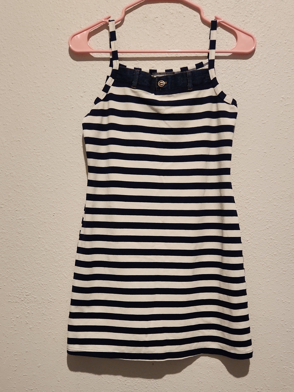 Vintage Aqua Blues Navy Striped Denim Waist Mini Dress Y2K Size L